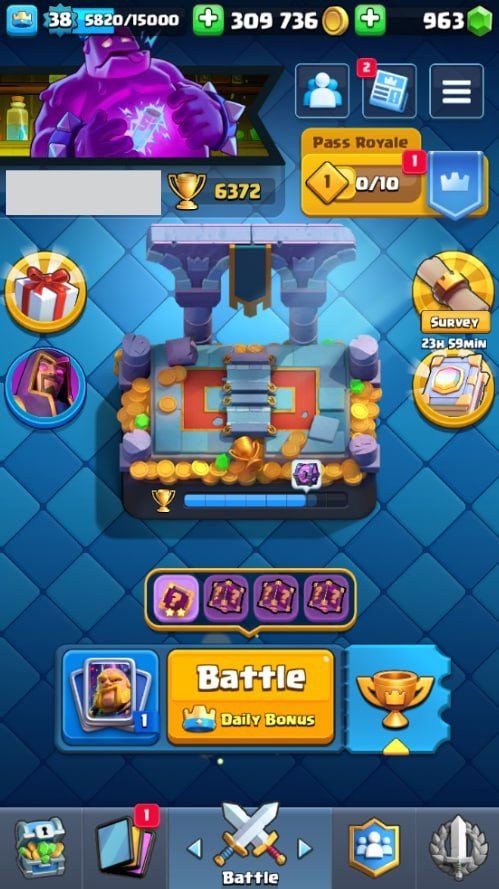 Clash Royale Account (IOS/Android) – Level 38 | Kings Tower 13 | 6372 Trophies | 112 Cards | 31 Emotes | 963 Gems | 309,000 Gold