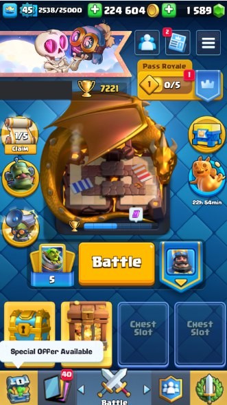 Clash Royale Account (IOS/Android) – Level 45 | Kings Tower 14 | 7221 Trophies | 113 Cards | 29 Emotes | 1589 Gems | 224,000 Gold
