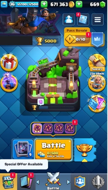 Clash Royale Account (IOS/Android) – Level 36 | Kings Tower 12 | 5000 Trophies | 105 Cards | 17 Emotes | 669 Gems | 671,000 Gold