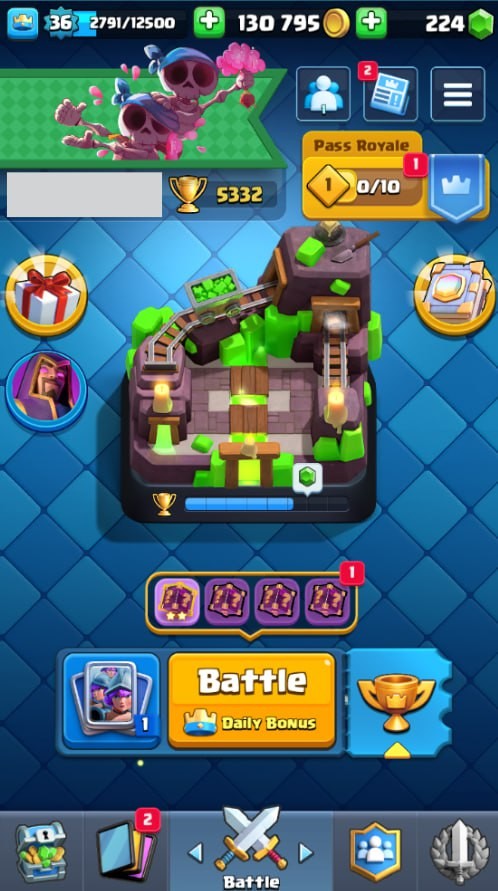 Clash Royale Account (IOS/Android) – Level 36 | Kings Tower 12 | 5332 Trophies | 107 Cards | 11 Emotes | 224 Gems | 130,000 Gold