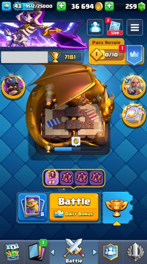 Clash Royale Account (IOS/Android) – Level 43 | Kings Tower 14 | 7181 Trophies | 117 Cards | 29 Emotes | 259 Gems | 36,000 Gold