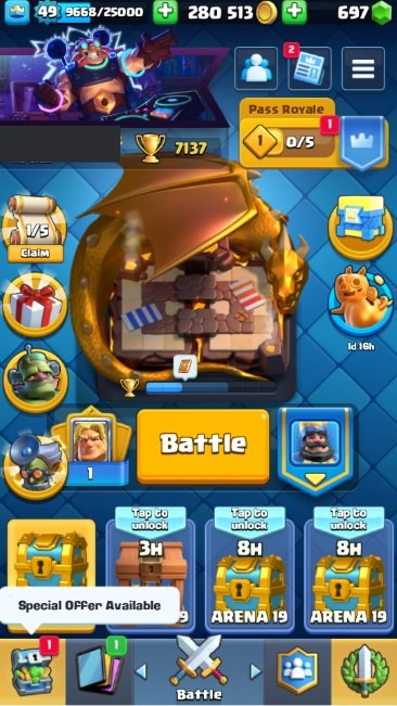 Clash Royale Account (IOS/Android) – Level 49 | Kings Tower 14 | 7137 Trophies | 110 Cards | 55 Emotes | 697 Gems | 280,000 Gold