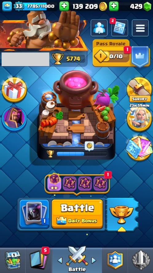 Clash Royale Account (IOS/Android) – Level 33 | Kings Tower 11 | 5774 Trophies | 111 Cards | 19 Emotes | 429 Gems | 139,000 Gold