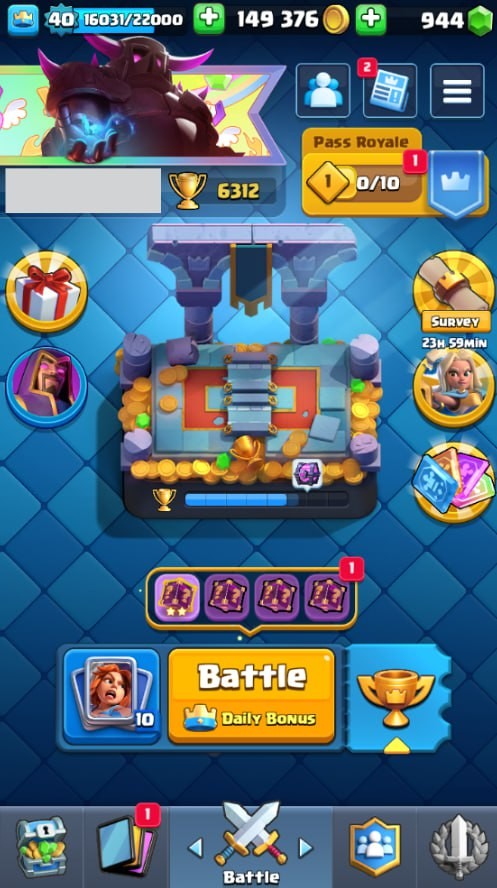Clash Royale Account (IOS/Android) – Level 40 | Kings Tower 13 | 6312 Trophies | 112 Cards | 30 Emotes | 944 Gems | 149,000 Gold