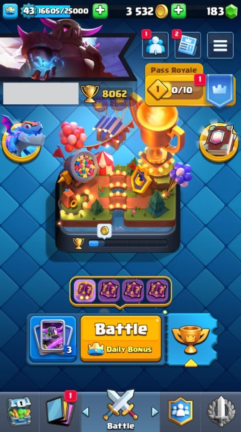 Clash Royale Account (IOS/Android) – Level 43 | Kings Tower 14 | 8062 Trophies | 117 Cards | 35 Emotes | 183 Gems | 3,000 Gold