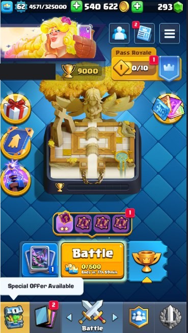 Clash Royale Account (IOS/Android) – Level 62 | Kings Tower 15 | 9000 Trophies | 116 Cards | 136 Emotes | 293 Gems | 540,000 Gold
