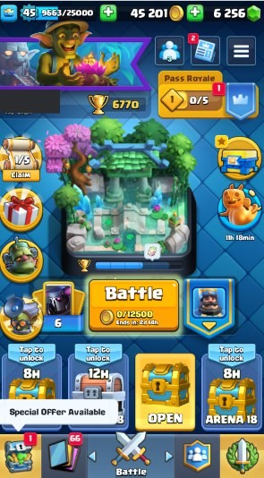 Clash Royale Account (IOS/Android) – Level 45 | Kings Tower 14 | 6770 Trophies | 109 Cards | 50 Emotes | 6256 Gems | 45,000 Gold