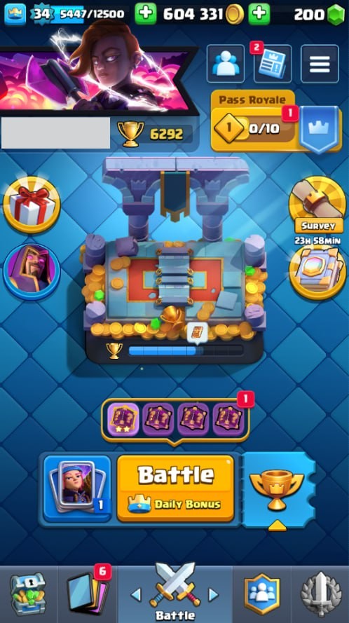 Clash Royale Account (IOS/Android) – Level 34 | Kings Tower 12 | 6292 Trophies | 111 Cards | 31 Emotes | 200 Gems | 604,000 Gold