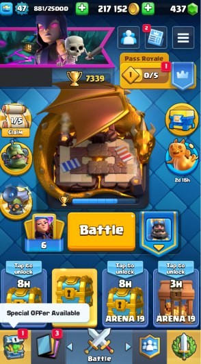 Clash Royale Account (IOS/Android) – Level 47 | Kings Tower 14 | 7339 Trophies | 113 Cards | 37 Emotes | 437 Gems | 217,000 Gold