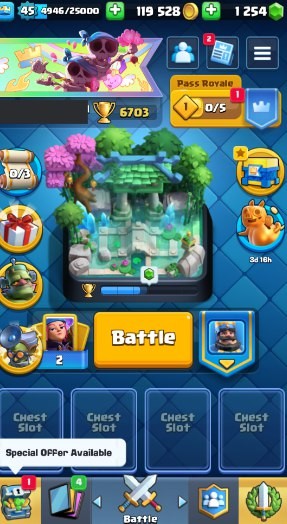 Clash Royale Account (IOS/Android) – Level 45 | Kings Tower 14 | 6703 Trophies | 109 Cards | 26 Emotes | 1254 Gems | 119,000 Gold