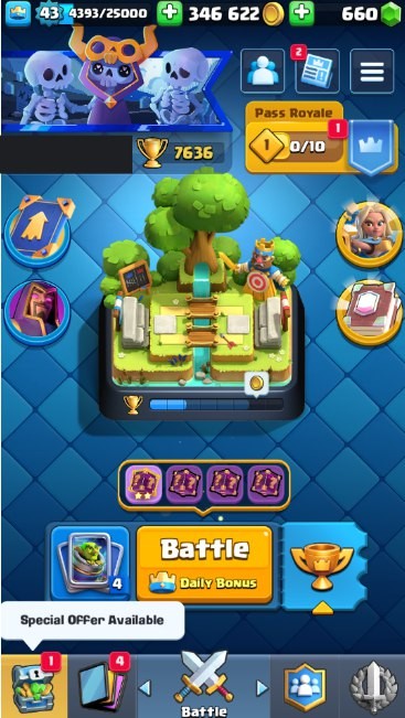 Clash Royale Account (IOS/Android) – Level 43 | Kings Tower 14 | 7636 Trophies | 119 Cards | 35 Emotes | 660 Gems | 346,000 Gold