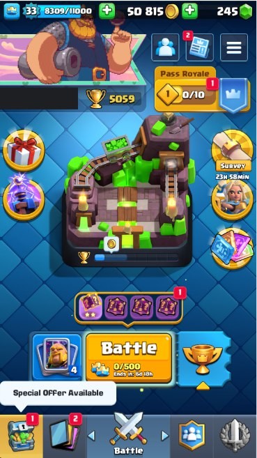 Clash Royale Account (IOS/Android) – Level 33 | Kings Tower 11 | 5059 Trophies | 105 Cards | 18 Emotes | 245 Gems | 50,000 Gold