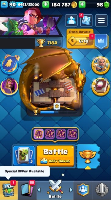Clash Royale Account (IOS/Android) – Level 40 | Kings Tower 13 | 7184 Trophies | 118 Cards | 70 Emotes | 98 Gems | 184,000 Gold