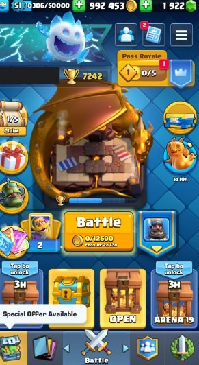 Clash Royale Account (IOS/Android) – Level 51 | Kings Tower 15 | 7242 Trophies | 114 Cards | 83 Emotes | 1922 Gems | 992,000 Gold