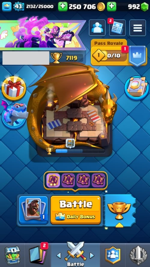 Clash Royale Account (IOS/Android) – Level 43 | Kings Tower 14 | 7119 Trophies | 115 Cards | 25 Emotes | 992 Gems | 250,000 Gold