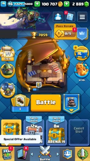 Clash Royale Account (IOS/Android) – Level 46 | Kings Tower 14 | 7059 Trophies | 111 Cards | 41 Emotes | 2889 Gems | 100,000 Gold