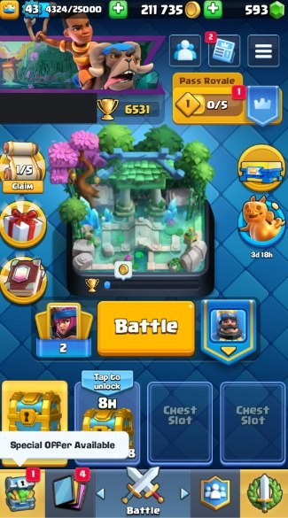 Clash Royale Account (IOS/Android) – Level 43 | Kings Tower 14 | 6531 Trophies | 107 Cards | 44 Emotes | 593 Gems | 211,000 Gold