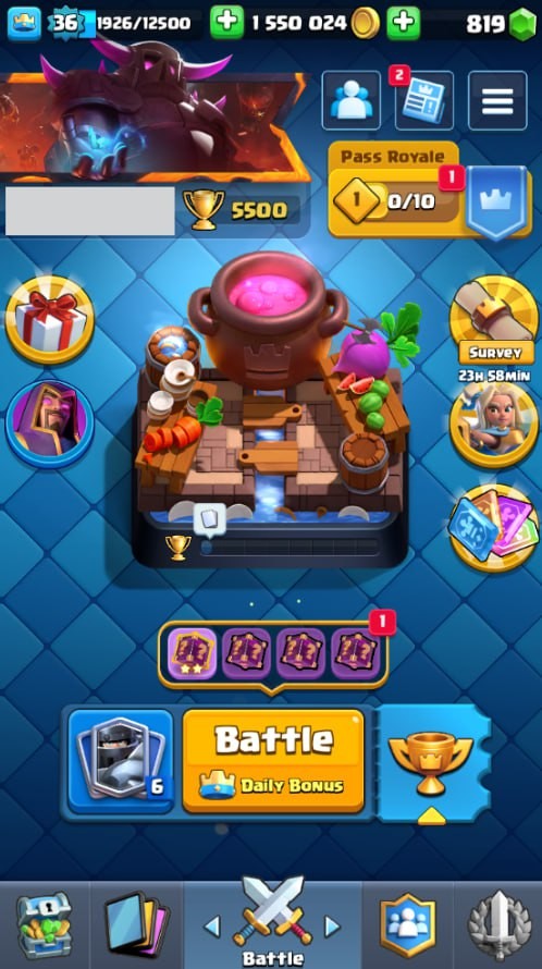 Clash Royale Account (IOS/Android) – Level 36 | Kings Tower 12 | 5500 Trophies | 109 Cards | 11 Emotes | 819 Gems | 1,500,000 Gold