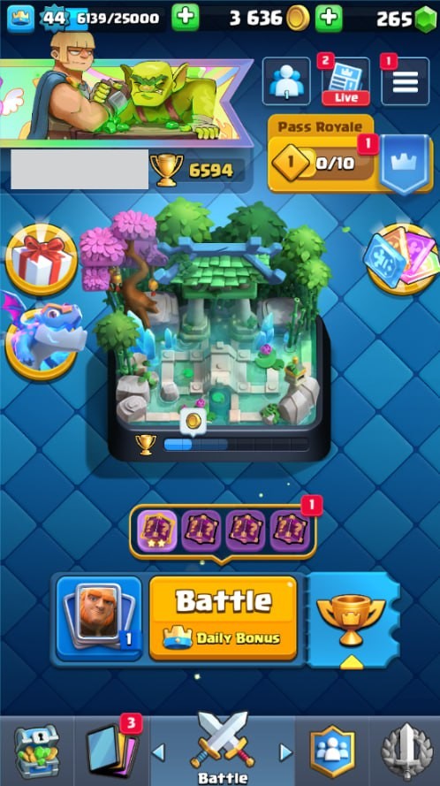 Clash Royale Account (IOS/Android) – Level 44 | Kings Tower 14 | 6594 Trophies | 112 Cards | 45 Emotes | 265 Gems | 3,000 Gold