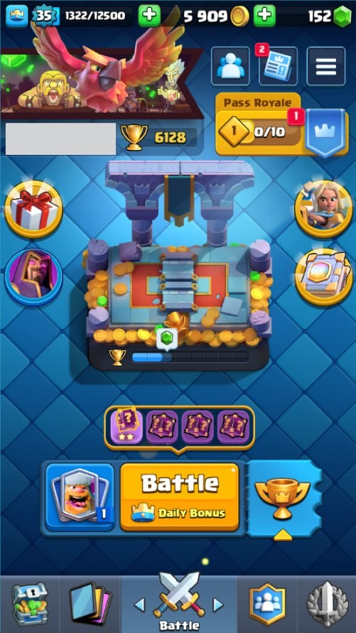 Clash Royale Account (IOS/Android) – Level 35 | Kings Tower 12 | 6128 Trophies | 114 Cards | 19 Emotes | 152 Gems | 5,000 Gold