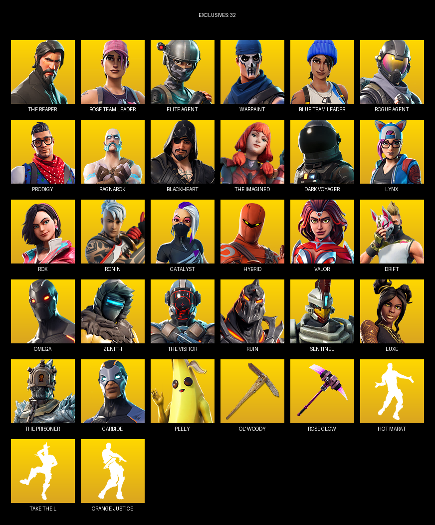 Fortnite Account ( PC ) (The Reaper, Elite Agent, Omega, Rose Team Leader, Warpaint, Prodigy, Ragnarok, Blackheart, Dark Voyager, Lynx, Rox, Ronin, Catalyst, Hybrid, Valor, Drift, Zenith) (63 Skins)