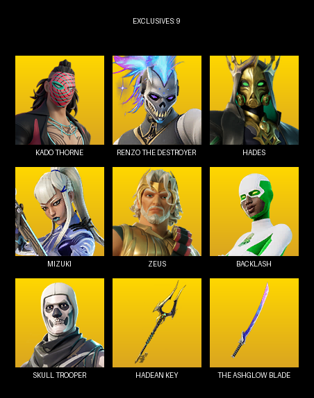 Fortnite Account ( PC ) (Kado Thorne, Renzo the Destroyer, Hades, Mizuki, Zeus, Backlash, Poseidon, Nyanja, Mae, Fish Thicc, Antonia, Artemis, Katalina, Peabody, 1-Ball, Cerberus, Brite Raider, Vengeance Jones, Doom, War Machine) (63 Skins)