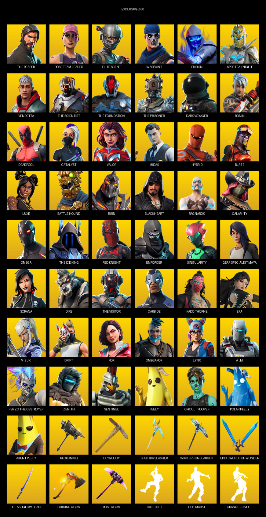 Fortnite Account ( PC ) (The Reaper, Elite Agent, Omega, Gear Specialist Maya, Rose Team Leader, Warpaint, Fusion, Spectra Knight, Vendetta, Dark Voyager, Ronin, Deadpool, Catalyst, Valor, Midas, Hybrid, Blaze) (168 Skins)
