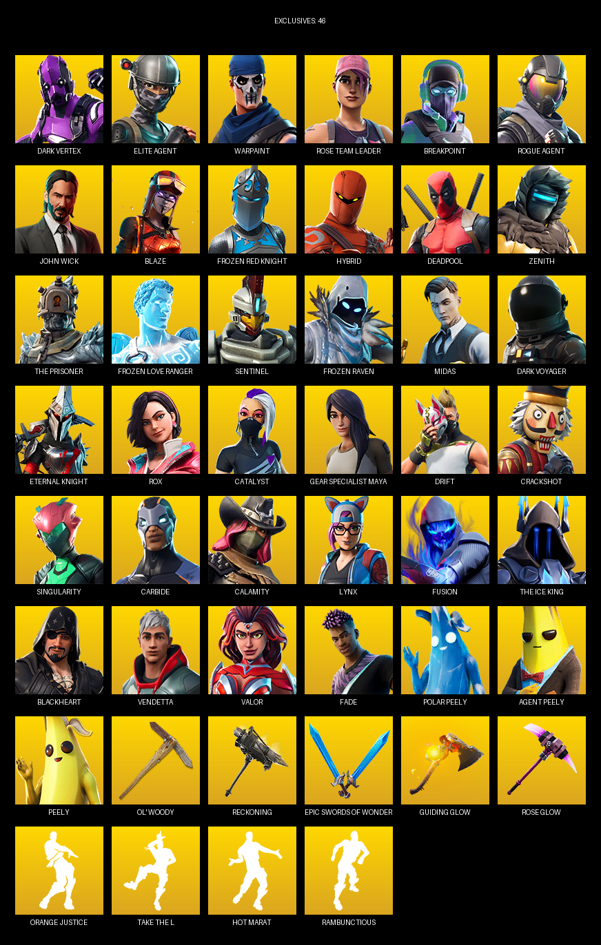 Fortnite Account ( PC / PLAYSTATION ) (Elite Agent, Gear Specialist Maya, Dark Vertex, Warpaint, Rose Team Leader, Breakpoint, John Wick, Blaze, Frozen Red Knight, Hybrid, Deadpool, Zenith, The Prisoner, Sentinel, Midas) (114 Skins)