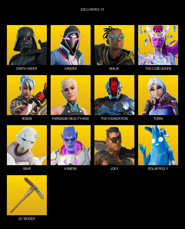 Fortnite Account ( PC / PLAYSTATION / XBOX ) (Darth Vader, Xander, Malik, The Cube Queen, Ronin, Paradigm (Reality-659), Torin, Snap, Kymera, Joey, Naruto Uzumaki, Polar Peely, Sabina, Slayer Juice WRLD, Kakashi Hatake, Charlotte, Prowler, Grriz, Kor) (59 Skins)