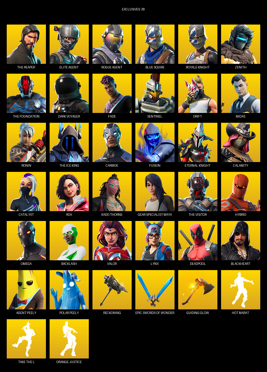 Fortnite Account ( PC ) (The Reaper, Elite Agent, Blue Squire, Royale Knight, Gear Specialist Maya, Omega, Zenith, Dark Voyager, Fade, Sentinel, Drift, Midas, Ronin, Carbide, Fusion, Calamity) (127 Skins)