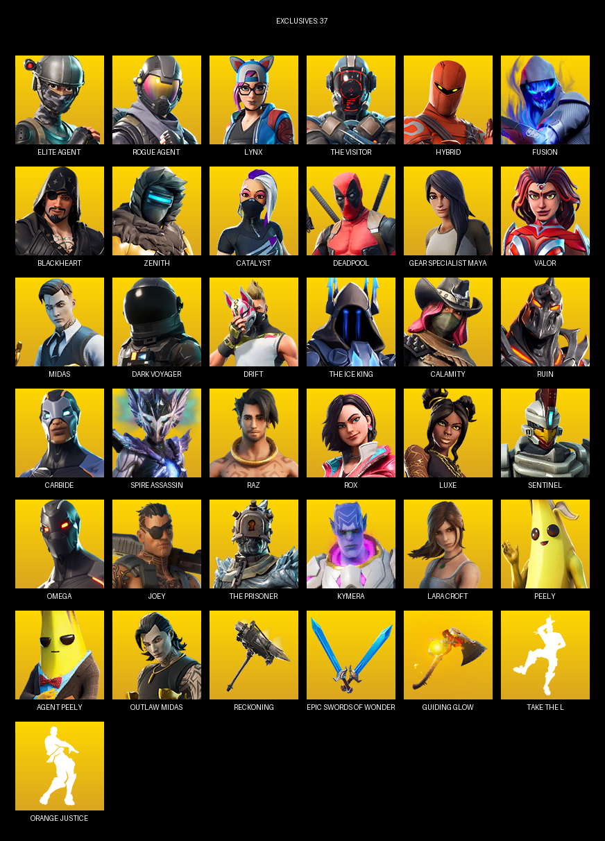 Fortnite Account ( PC / PLAYSTATION / XBOX ) (Elite Agent, Gear Specialist Maya, Omega, Lara Croft, Lynx, The Visitor, Hybrid, Fusion, Blackheart, Zenith, Catalyst, Deadpool, Valor, Midas, Dark Voyager, Drift, Calamity, Ruin) (114 Skins)