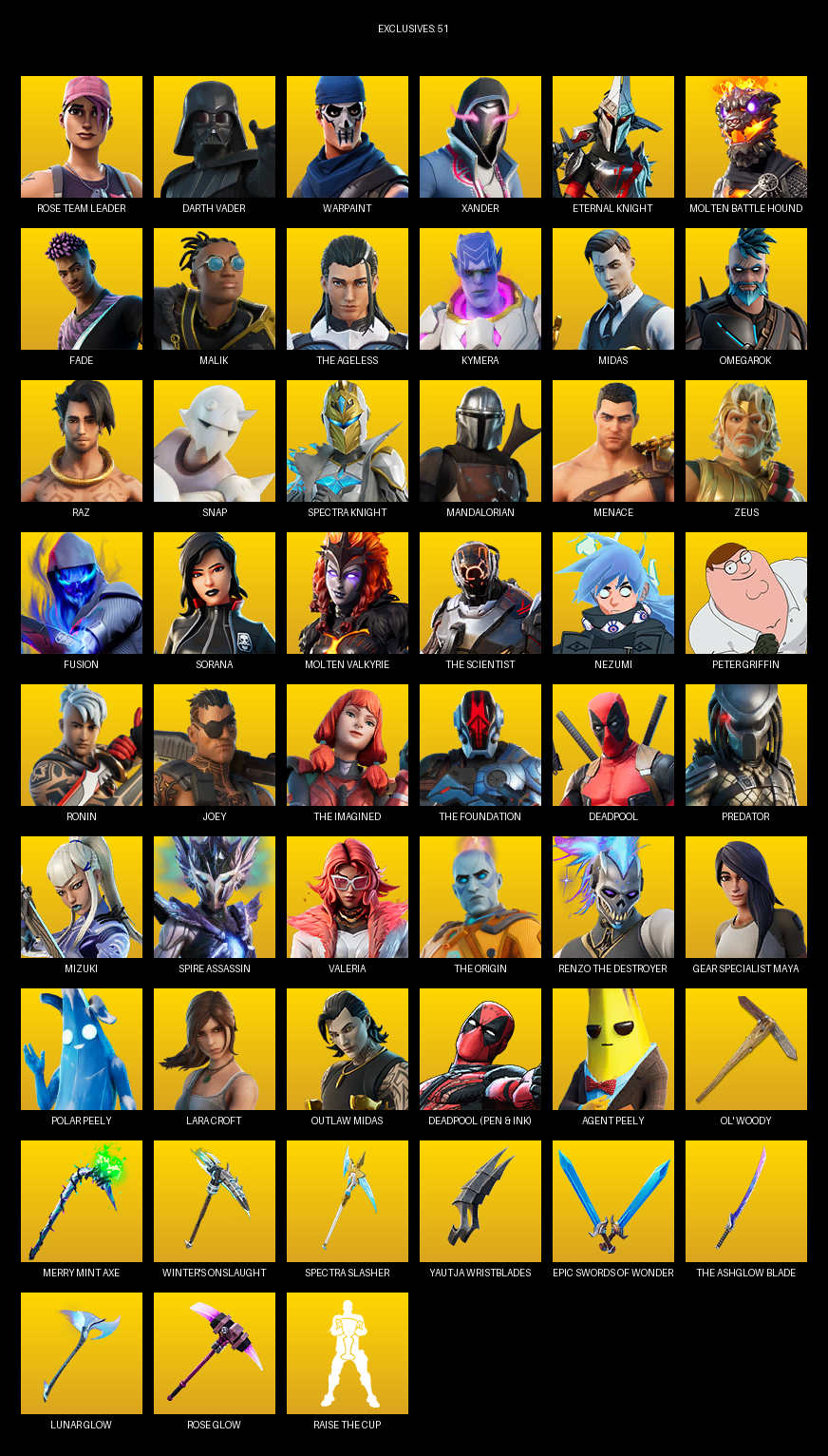 Fortnite Account ( PC ) (Gear Specialist Maya, Lara Croft, Rose Team Leader, Darth Vader, Warpaint, Xander, Eternal Knight, Molten Battle Hound, Fade, Malik, The Ageless, Kymera, Midas, Omegarok, Raz, Snap, Mandalorian, Menace, Zeus) (232 Skins) Fortnite Account ( PC ) (Gear Specialist Maya, Lara Croft, Rose Team Leader, Darth Vader, Warpaint, Xander, Eternal Knight, Molten Battle Hound, Fade, Malik, The Ageless, Kymera, Midas, Omegarok, Raz, Snap, Mandalorian, Menace, Zeus) (232 Skins)