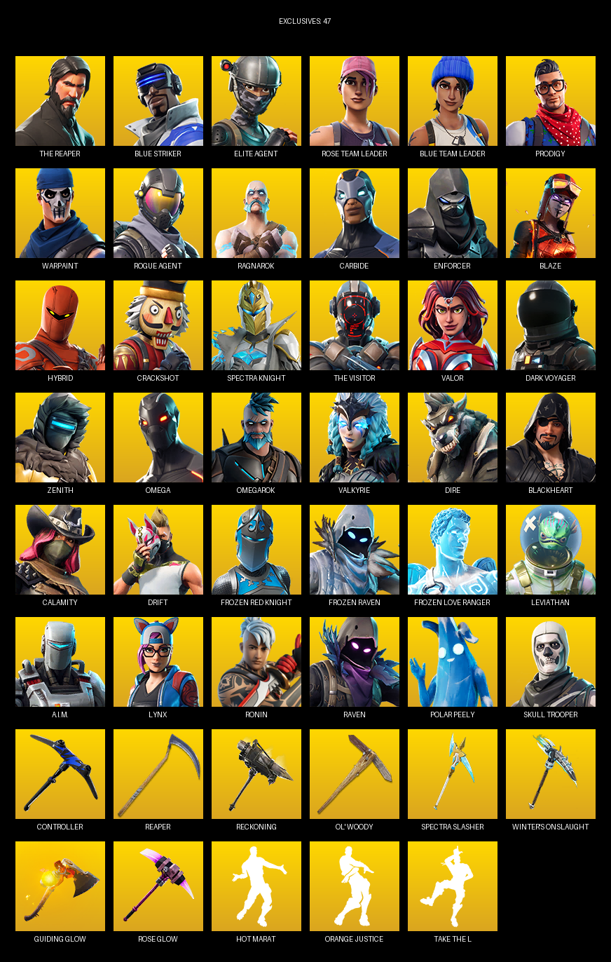Fortnite Account ( PC ) (The Reaper, Elite Agent, Omega, Blue Striker, Rose Team Leader, Prodigy, Warpaint, Ragnarok, Carbide, Enforcer, Blaze, Hybrid, Crackshot, Spectra Knight, Valor, Dark Voyager, Zenith) (98 Skins)