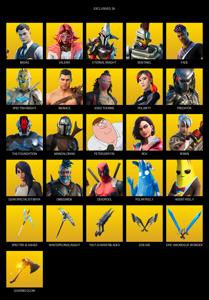 Fortnite Account ( PC / PLAYSTATION / XBOX ) (Gear Specialist Maya, Midas, Valeria, Eternal Knight, Sentinel, Fade, Menace, Kado Thorne, Polarity, Predator, The Foundation, Mandalorian, Peter Griffin, Rox, Ronin, Omegarok, Deadpool, Oscar, Kendo) (134 Skins)