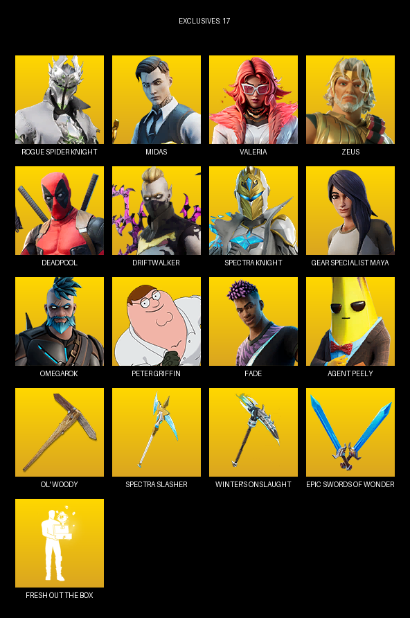 Fortnite Account ( PC ) (Gear Specialist Maya, Rogue Spider Knight, Midas, Valeria, Zeus, Deadpool, Driftwalker, Omegarok, Peter Griffin, Fade, Airphorian, Oscar, Streetwear Yuji Itadori, Meowscles, Eclipse, Agent Peely, Renegade Rebel, Skye, Lil Split) (63 Skins) Fortnite Account ( PC ) (Gear Specialist Maya, Rogue Spider Knight, Midas, Valeria, Zeus, Deadpool, Driftwalker, Omegarok, Peter Griffin, Fade, Airphorian, Oscar, Streetwear Yuji Itadori, Meowscles, Eclipse, Agent Peely, Renegade Rebel, Skye, Lil Split) (63 Skins)