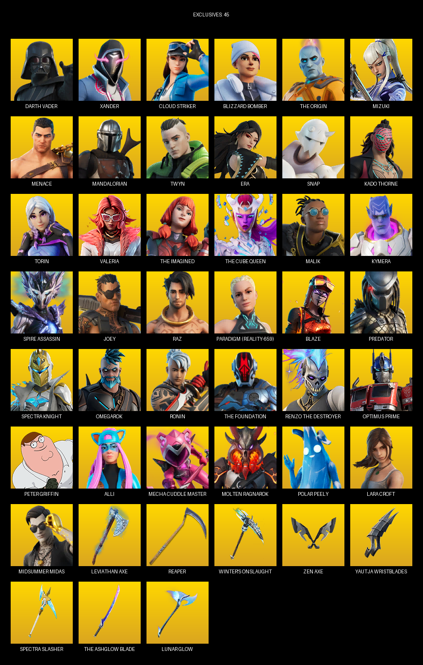 Fortnite Account ( PC ) (Lara Croft, Darth Vader, Xander, Cloud Striker, Blizzard Bomber, The Origin, Mizuki, Menace, Mandalorian, Twyn, Era, Snap, Kado Thorne, Torin, Valeria, Malik, Kymera, Spire Assassin) (163 Skins)