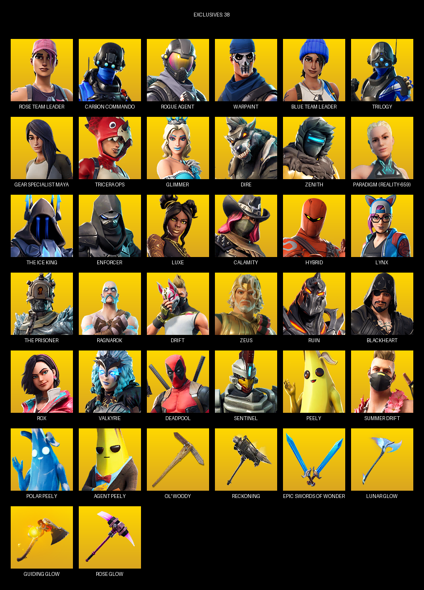 Fortnite Account ( PC ) (Gear Specialist Maya, Rose Team Leader, Carbon Commando, Rogue Agent, Warpaint, Trilogy, Tricera Ops, Glimmer, Dire, Zenith, Paradigm (Reality-659), The Ice King, Enforcer, Luxe, Calamity, Hybrid, Lynx, Ragnarok) (101 Skins) Fortnite Account ( PC ) (Gear Specialist Maya, Rose Team Leader, Carbon Commando, Rogue Agent, Warpaint, Trilogy, Tricera Ops, Glimmer, Dire, Zenith, Paradigm (Reality-659), The Ice King, Enforcer, Luxe, Calamity, Hybrid, Lynx, Ragnarok) (101 Skins)