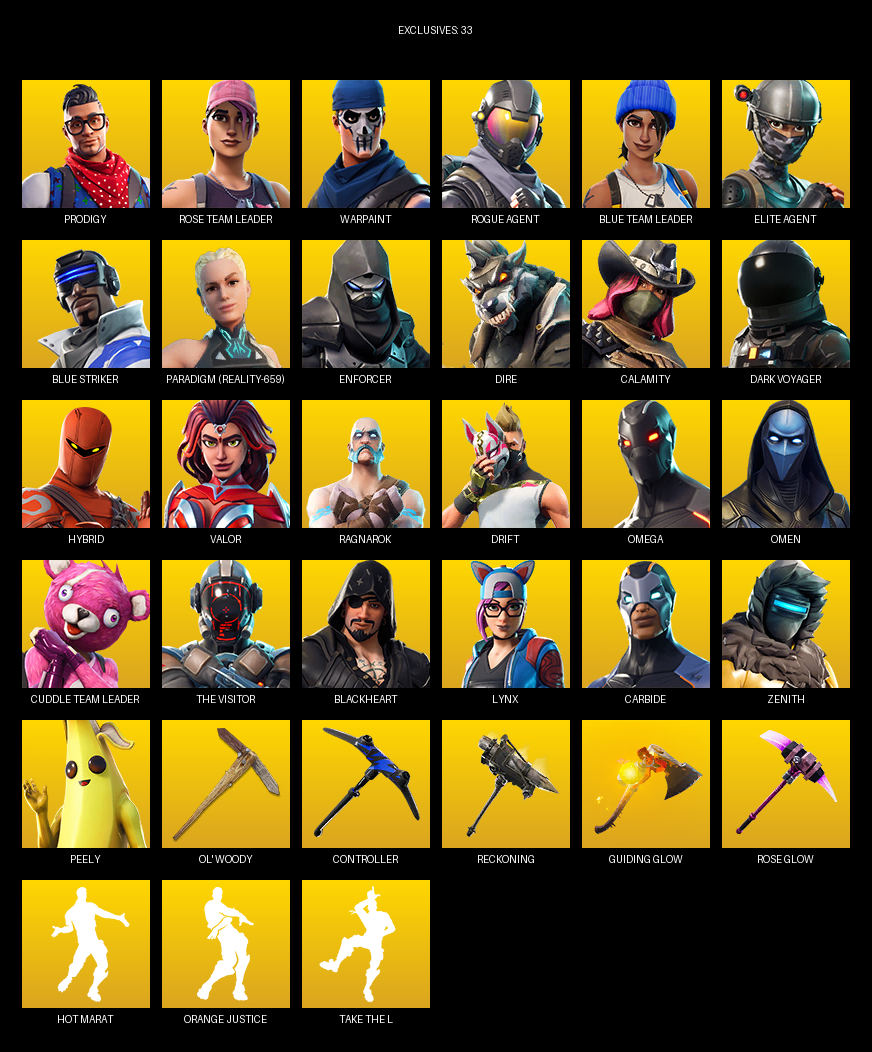 Fortnite Account ( PC ) (Elite Agent, Omega, Prodigy, Rose Team Leader, Warpaint, Blue Striker, Paradigm (Reality-659), Enforcer, Dire, Calamity, Dark Voyager, Hybrid, Valor, Ragnarok, Drift, Omen, The Visitor) (57 Skins) Fortnite Account ( PC ) (Elite Agent, Omega, Prodigy, Rose Team Leader, Warpaint, Blue Striker, Paradigm (Reality-659), Enforcer, Dire, Calamity, Dark Voyager, Hybrid, Valor, Ragnarok, Drift, Omen, The Visitor) (57 Skins)