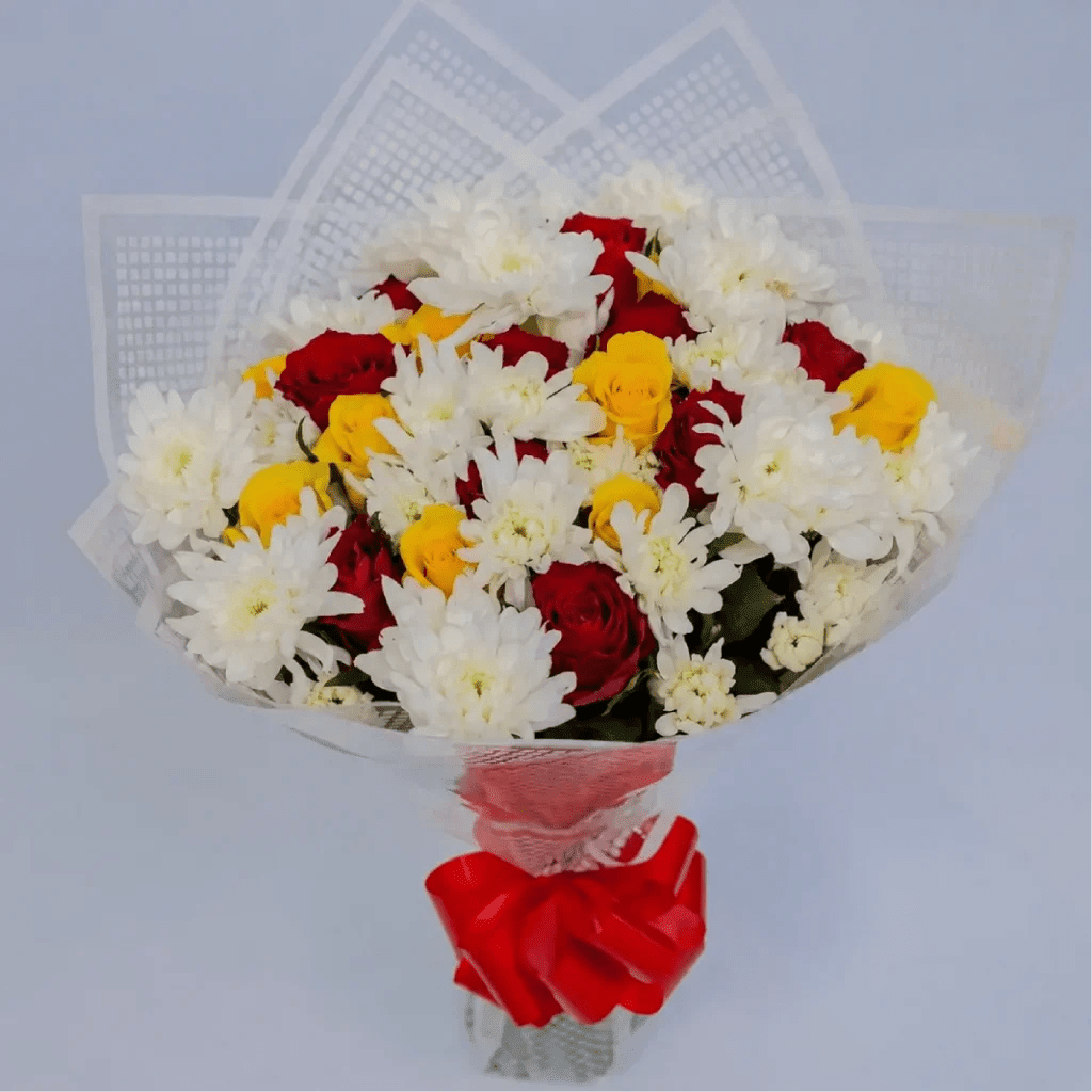 Radiant Blooms Yellow & Red Roses with White Chrysanthemums