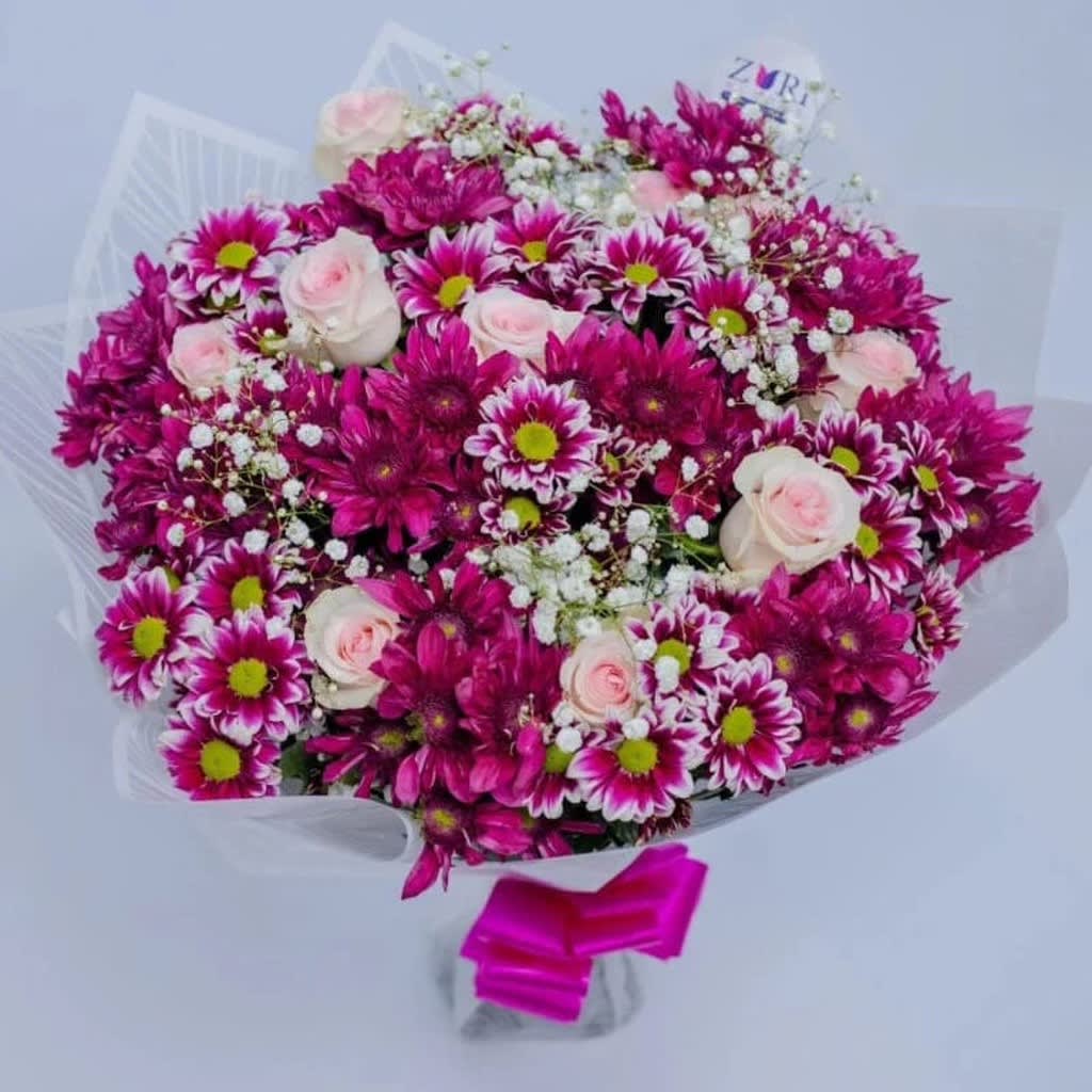 Blossom Veil Pink Roses Purple Mums, Purple Classic