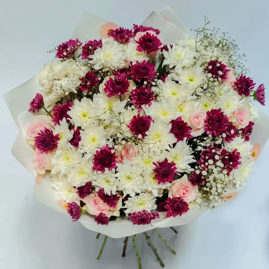 Blossom Veil Pink Roses Purple Mums, White Classic - view 1