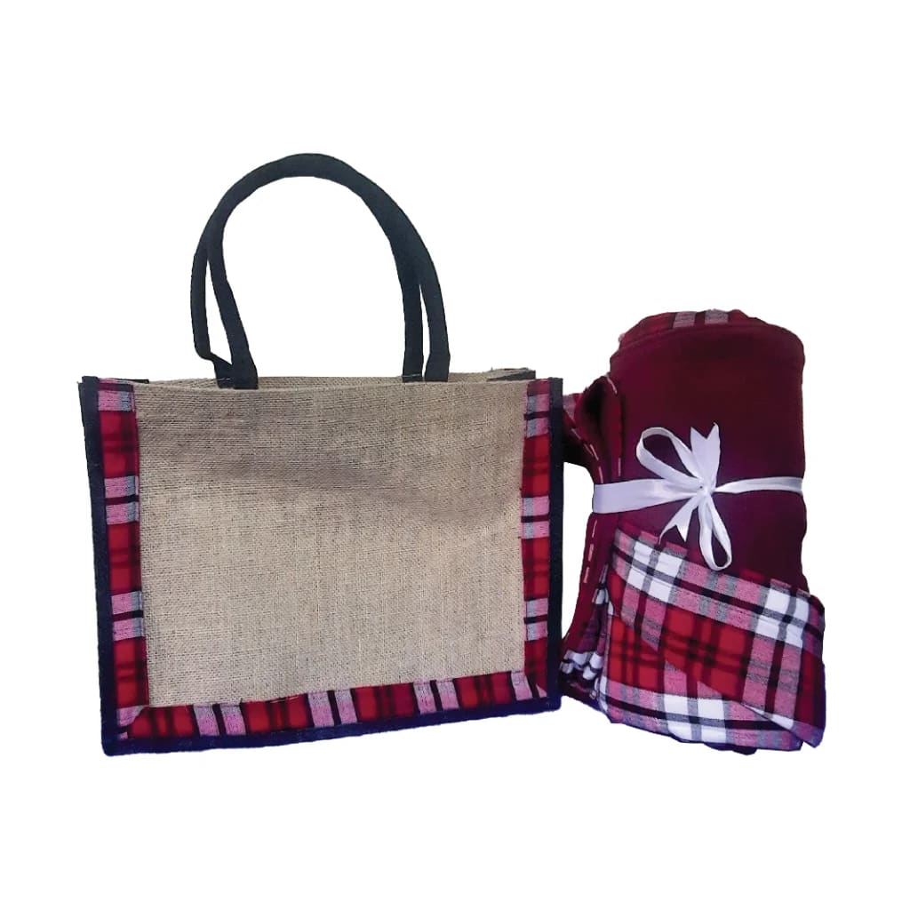 Maasai Fleece Blanket - Jute bag combo (maroon)