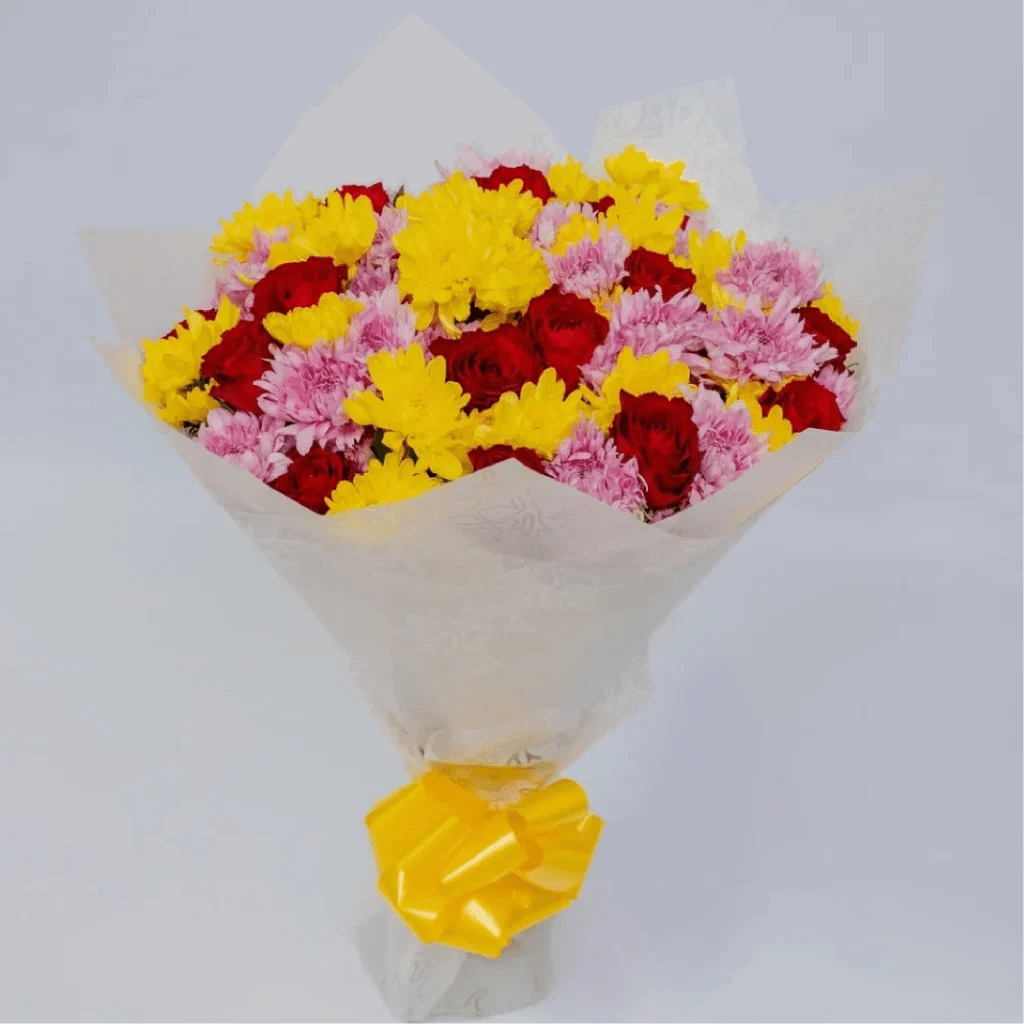 Sunset Charm Red Roses Pink & Yellow Mums