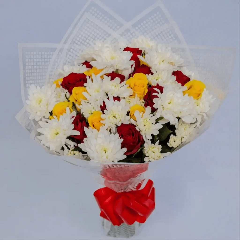 Radiant Blooms Yellow & Red Roses with White Chrysanthemums