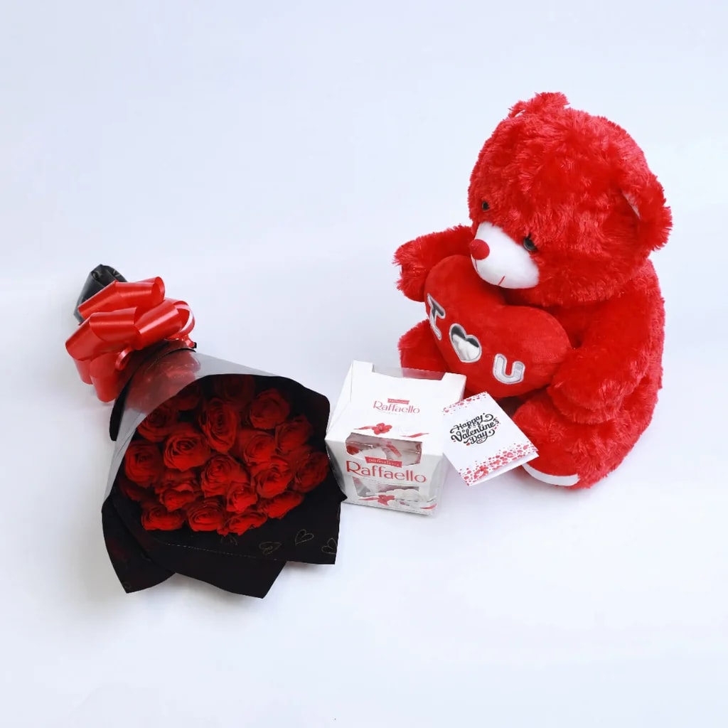Passionate Red Roses Teddy and Raffaello