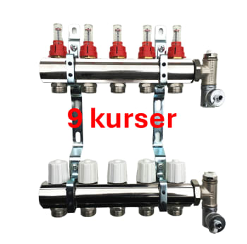 APE Gulvvarmefordeler i forniklet messing 9 kurser m/ flowventil