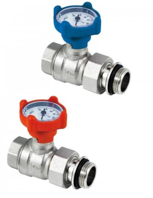 Kuleventilsett rett - fordeler 1" m/ termometer 0 - 60° (pr.sett) til APE/TESA gulvvarmefordeler