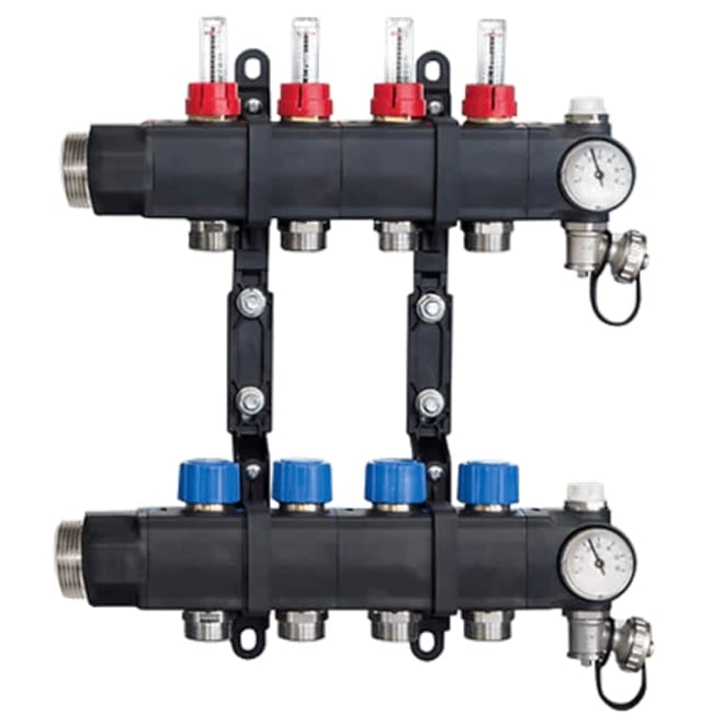 SL gulvvarmefordeler 1 1/4" kompositt, 3 kurser m/ flowventil
