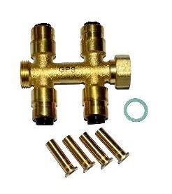 PUSH fordeler 3/4", 2+2 uttak 15mm inkl. støttehylse