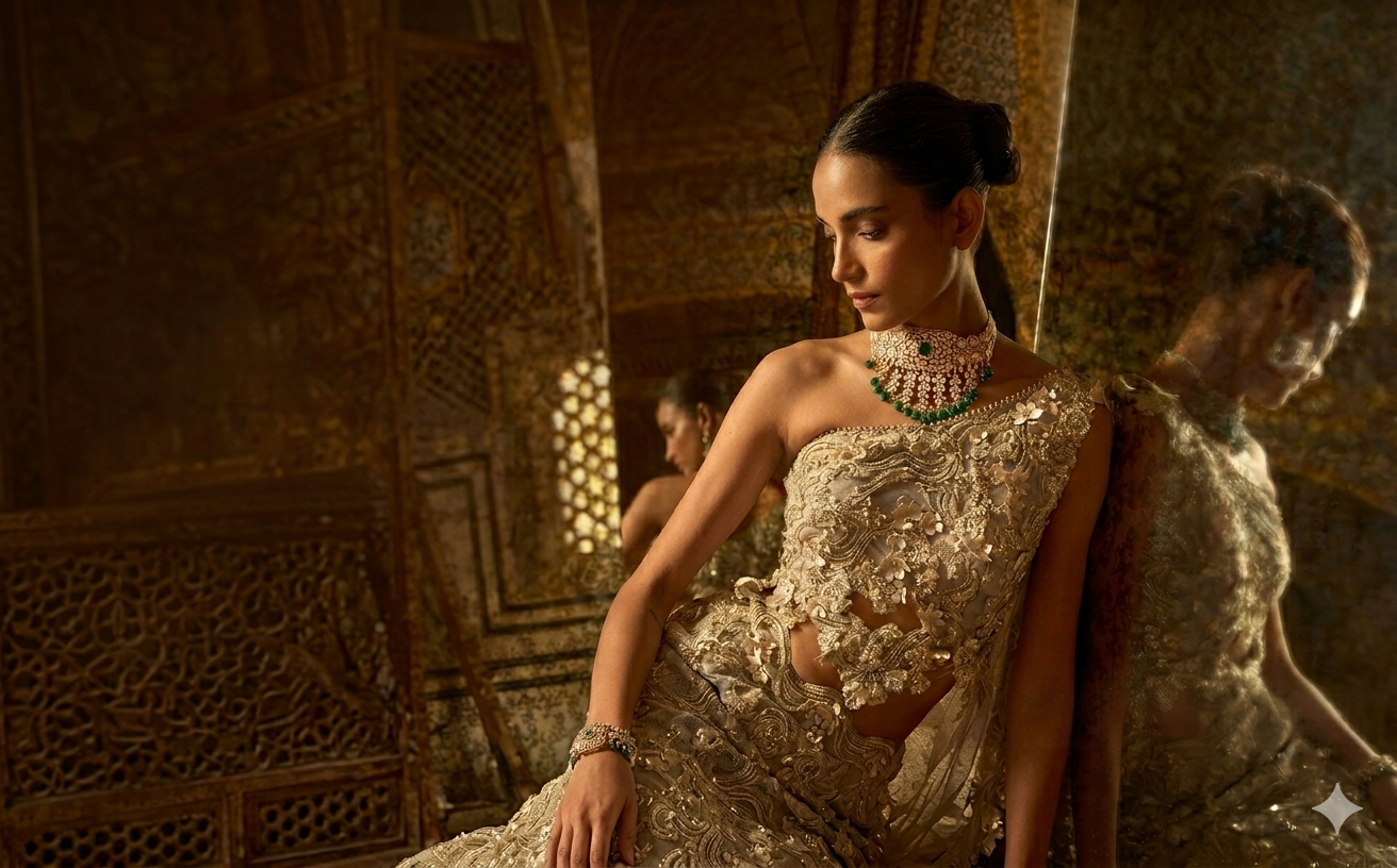 Model wearing a Sirini gold-plated bridal necklace set